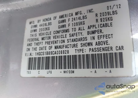 2012 Honda Accord 2.4 Ex-L from USA, damaged, VIN 1HGCS1B89CA006928